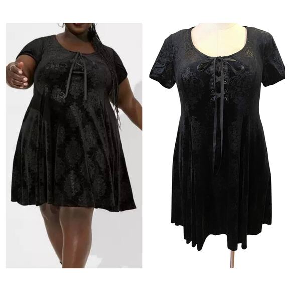 Torrid Size 00/Ladies 10 Nightfall Fit N Flare Skull Embossed Velvet Dress Goth - Picture 1 of 4